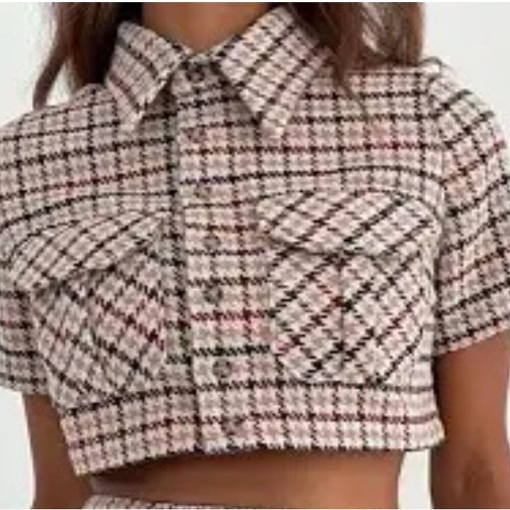 NWT Rumored Coco Top Newbury Plaid Tweed Cropped Brown Maroon Gold Chic Size M
